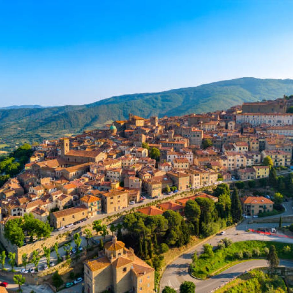 Cortona, Italian town from drone